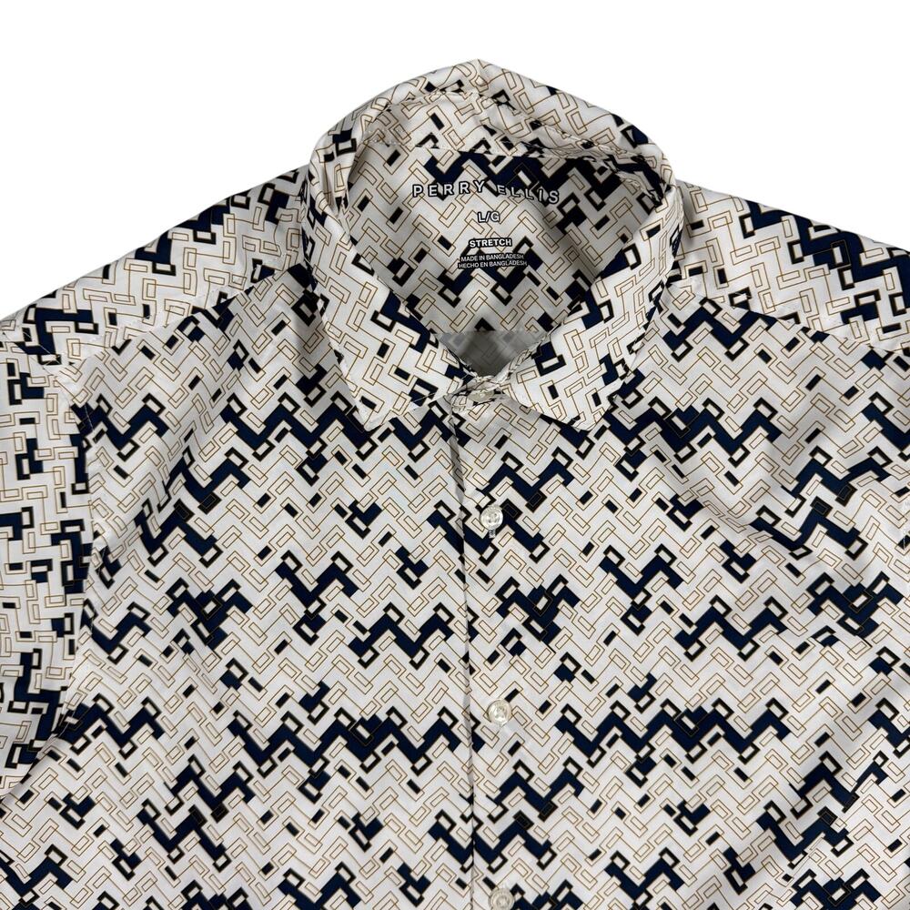 Perry Ellis Stretch Button Up Shirt Mens LG Blue White Geometric Print